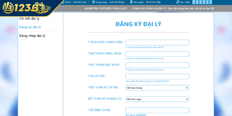 Xác nhận thông tin làm đại lý 123B